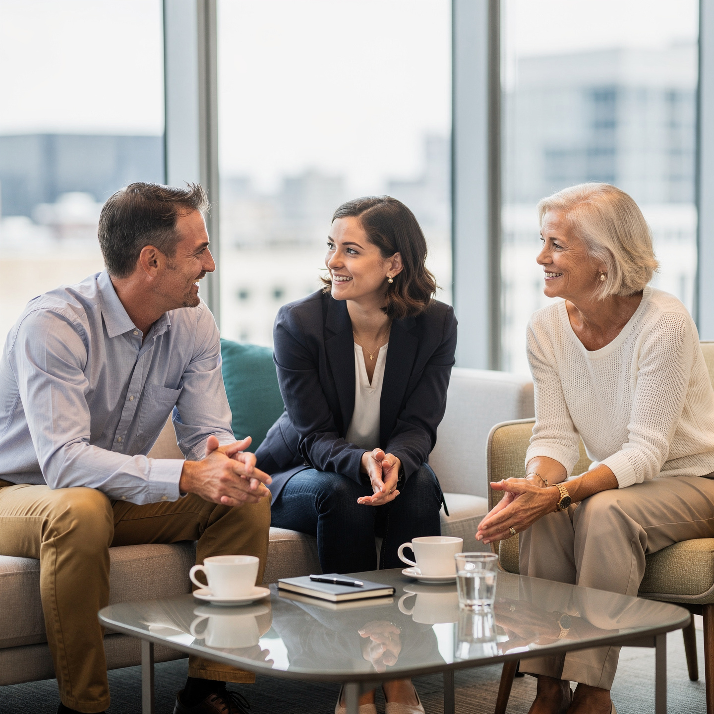 Executives in a warm strategic conversation in a lounge setting